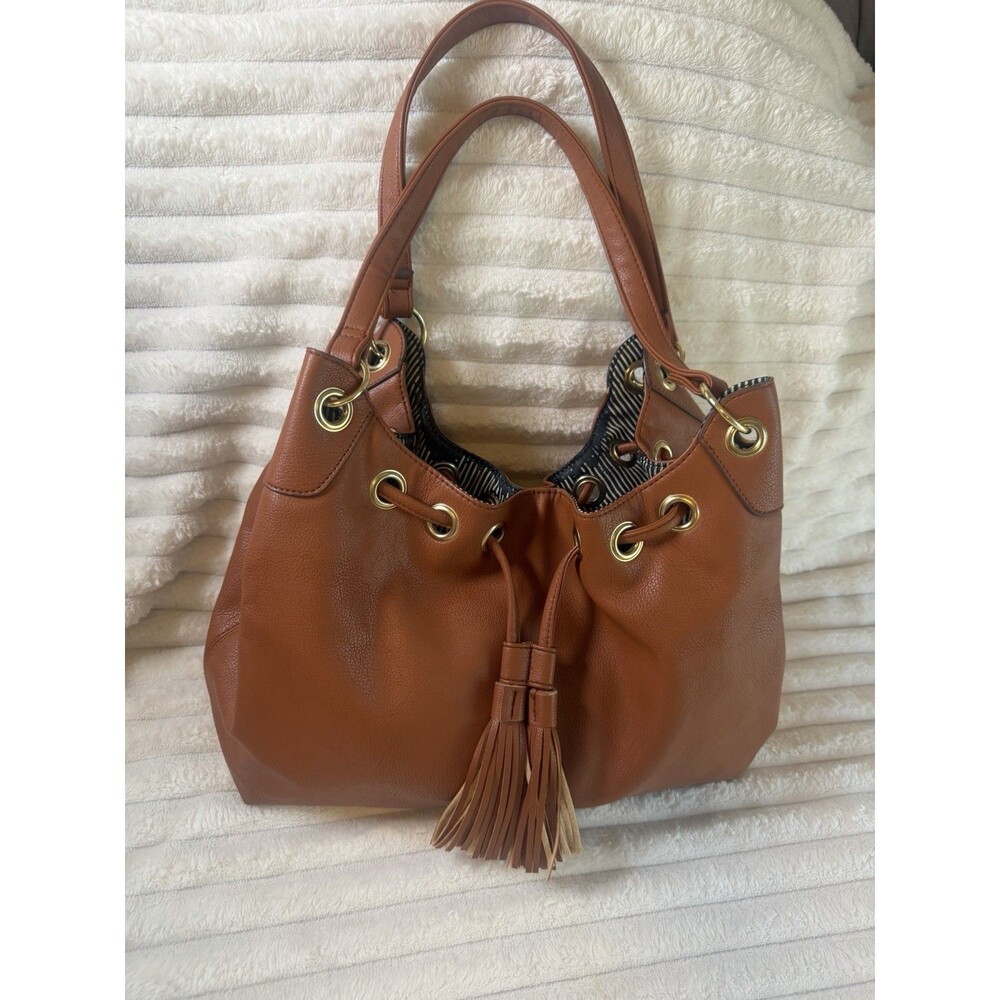 Unbranded Cognac Faux Leather Drawstring Bucket Shoulder Bag Tassel Large